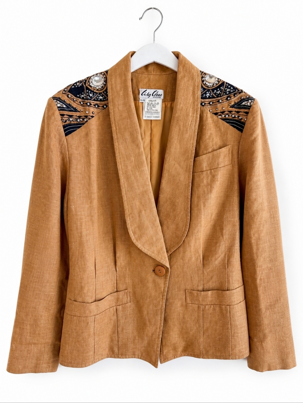 Lily Chao Couture Linen Blazer Leather Trim Embellished Shoulder Camel Boho